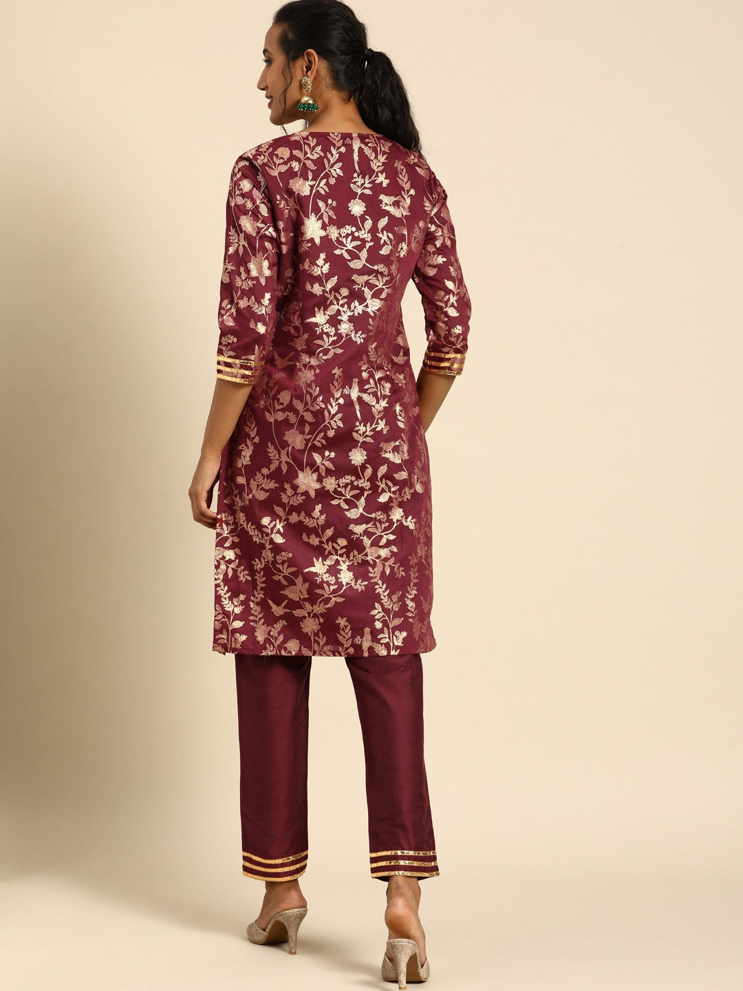 All About You Women Purple & Gold-Toned Ethnic Motifs Printed Regular Kurta with Trousers - Distacart