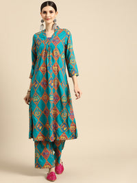 Thumbnail for Anouk Women Teal Blue & Rust orange Ethnic Motifs Printed Pure Cotton Kurta with Palazzos - Distacart