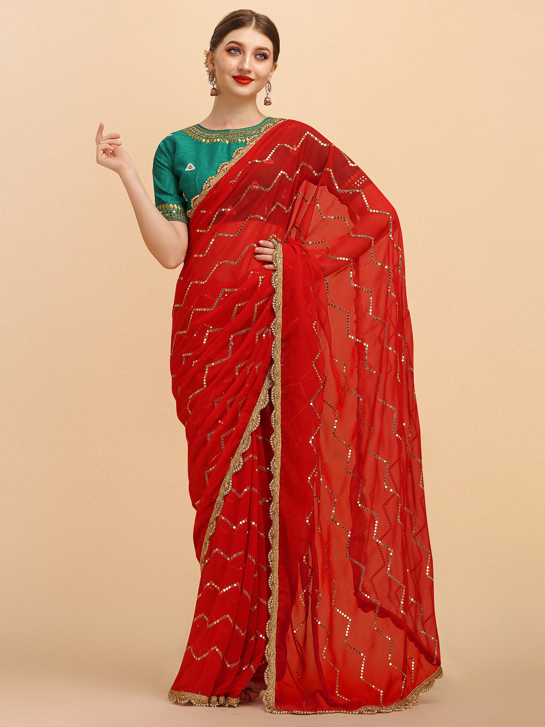 Buy Ishin Women's Organza Red Embellished Saree With Blouse Piece Online –  ISHIN FASHIONS