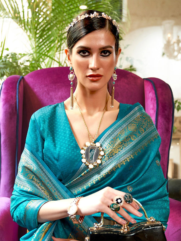 Navy Blue & Gold-Toned Silk Blend Woven Design Kanjeevaram Saree by Mitera  - WeddingCues.com