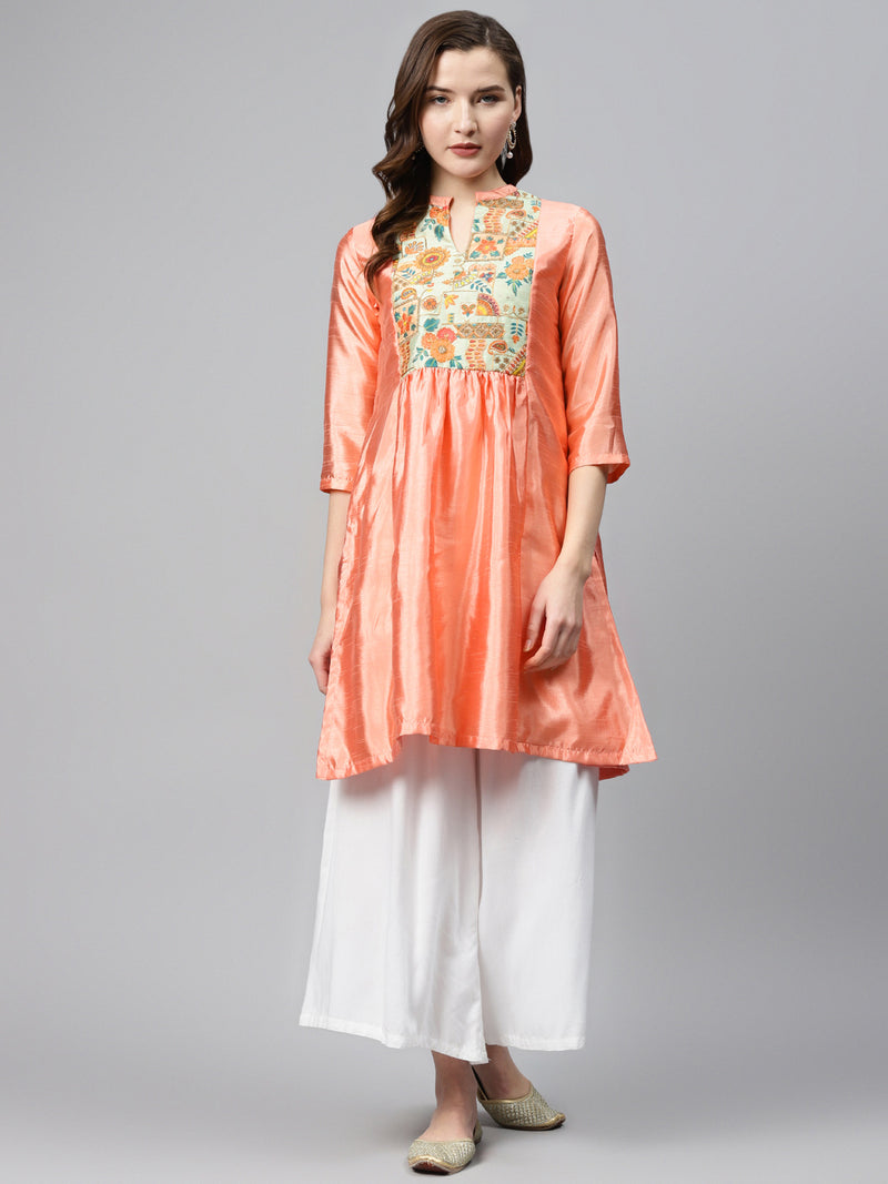 Biba Women Peach Coloured And Green Yoke Design A Line Kurta With Sheen