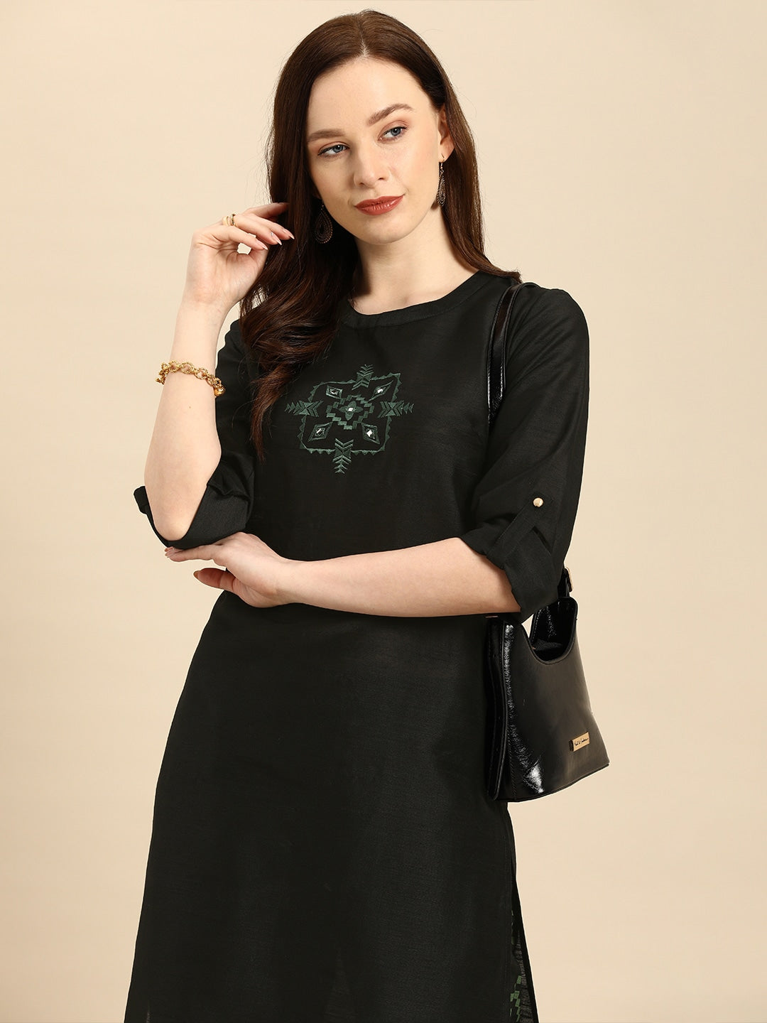 All About You Women Black & Green Embroidered Kurta with Trousers - Distacart