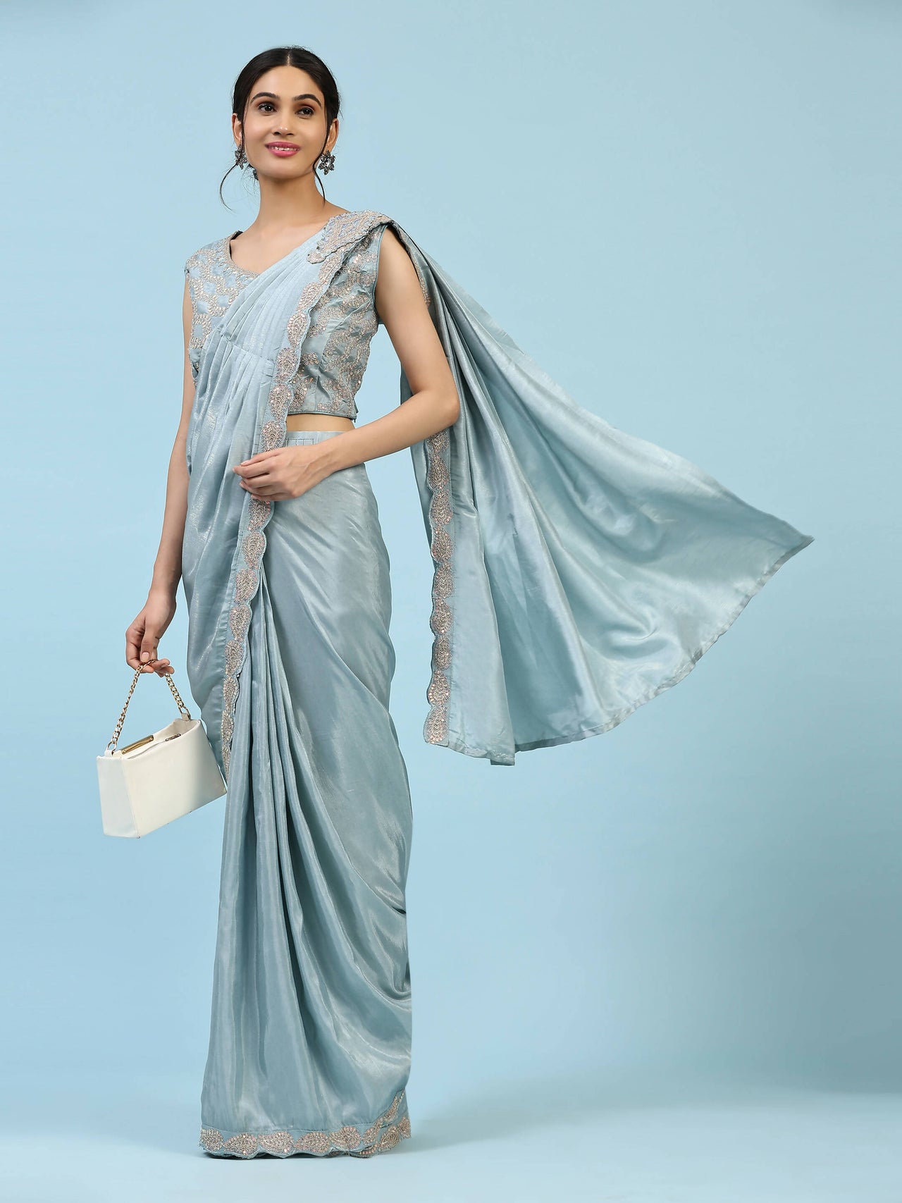 Sky Blue Silk Satin Plain Ready to wear Saree with stitched Blouse - Vrinda - Distacart