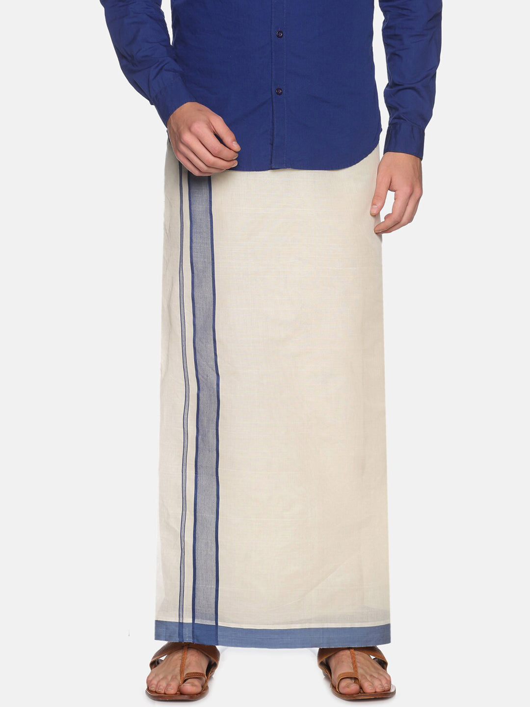 Elegant cream plain design kerala mundu set elevated with contrast silver  zari plain border