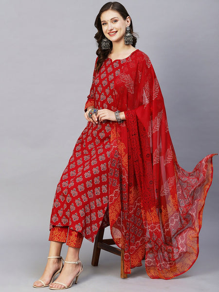 Kalini Ethnic Motifs Print Sweetheart Neck Regular Kurta With Trousers & Dupatta - Distacart