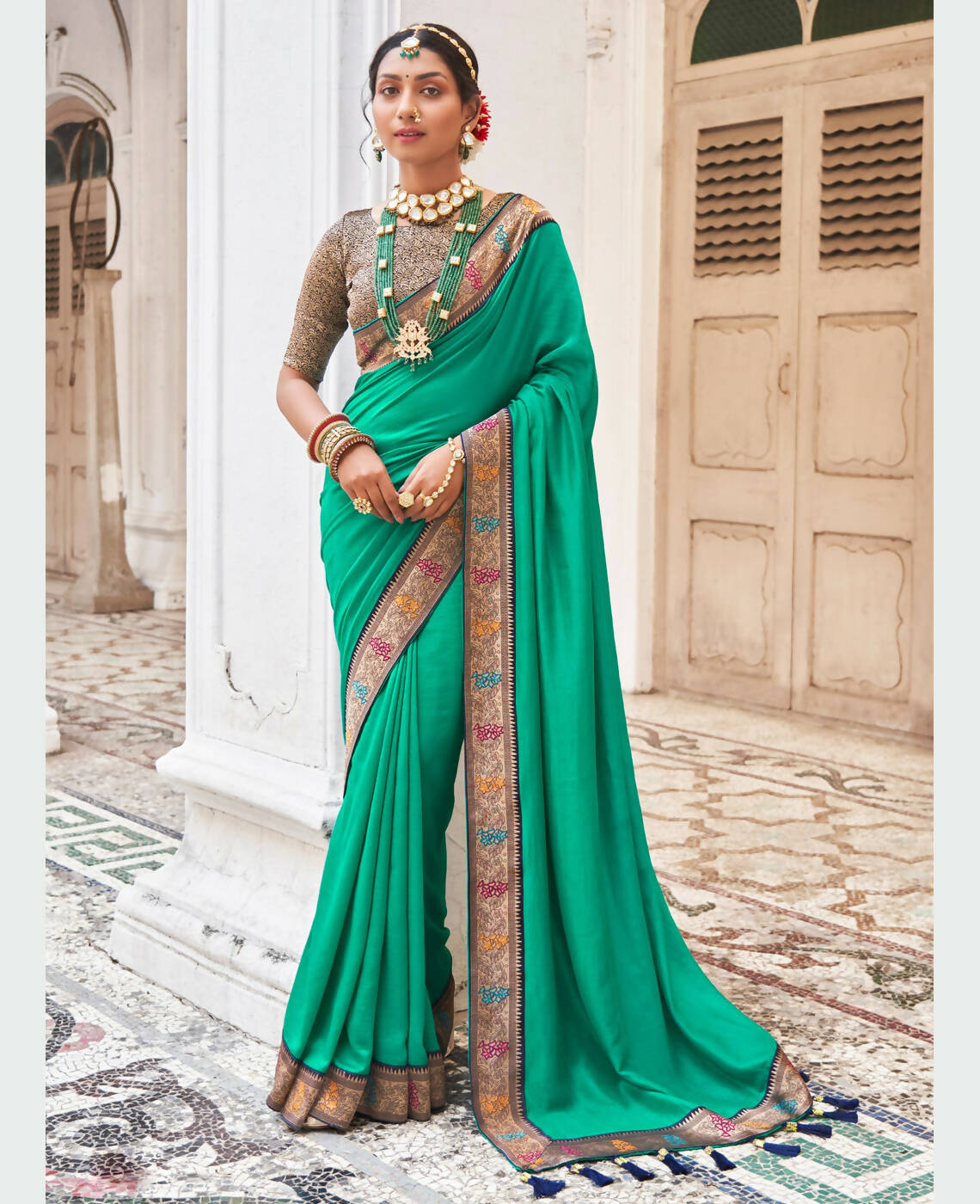 Buy Saree | Sea Green Embroidered Wedding Wear Indian Saree At Hatkay