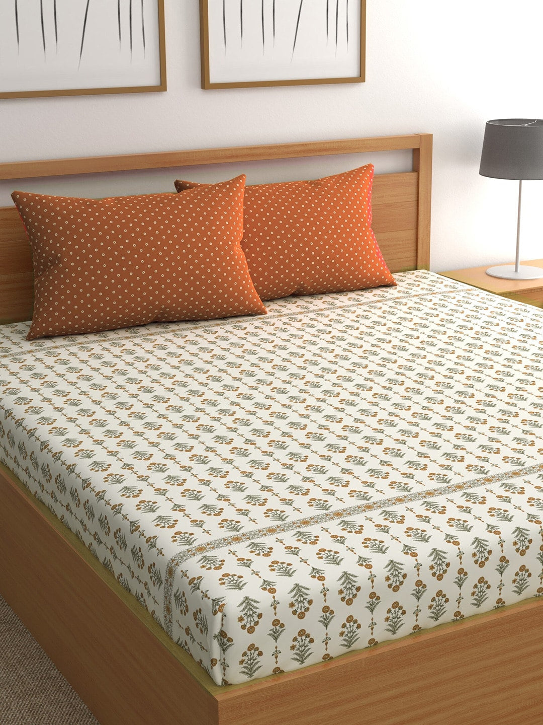 CHHAVI INDIA Cream-Coloured & Orange Floral Ultra Soft 210 TC Bedsheet with Pillow Covers - Distacart