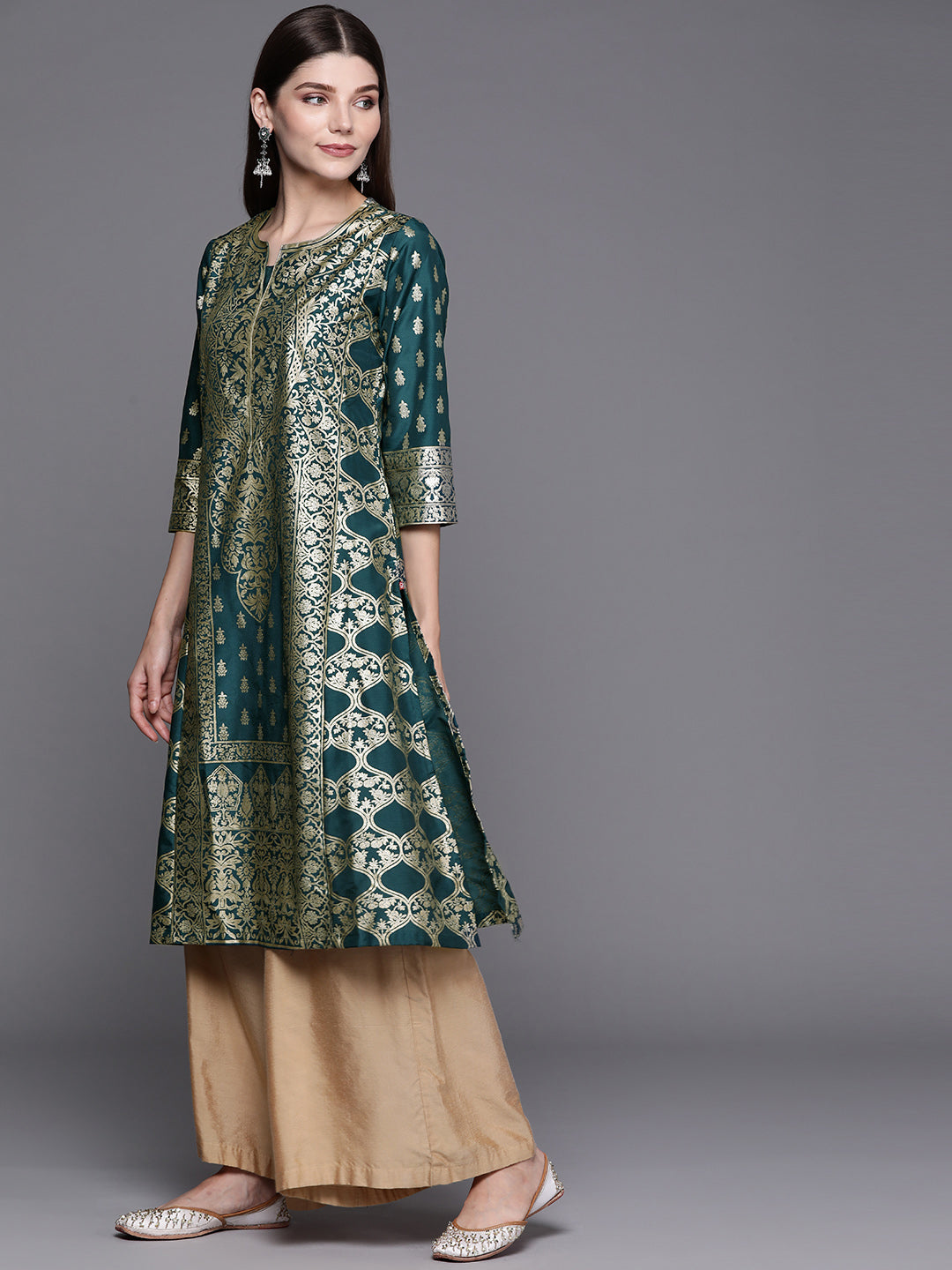 Biba Women Teal & Gold-Toned Ethnic Motifs Kurta