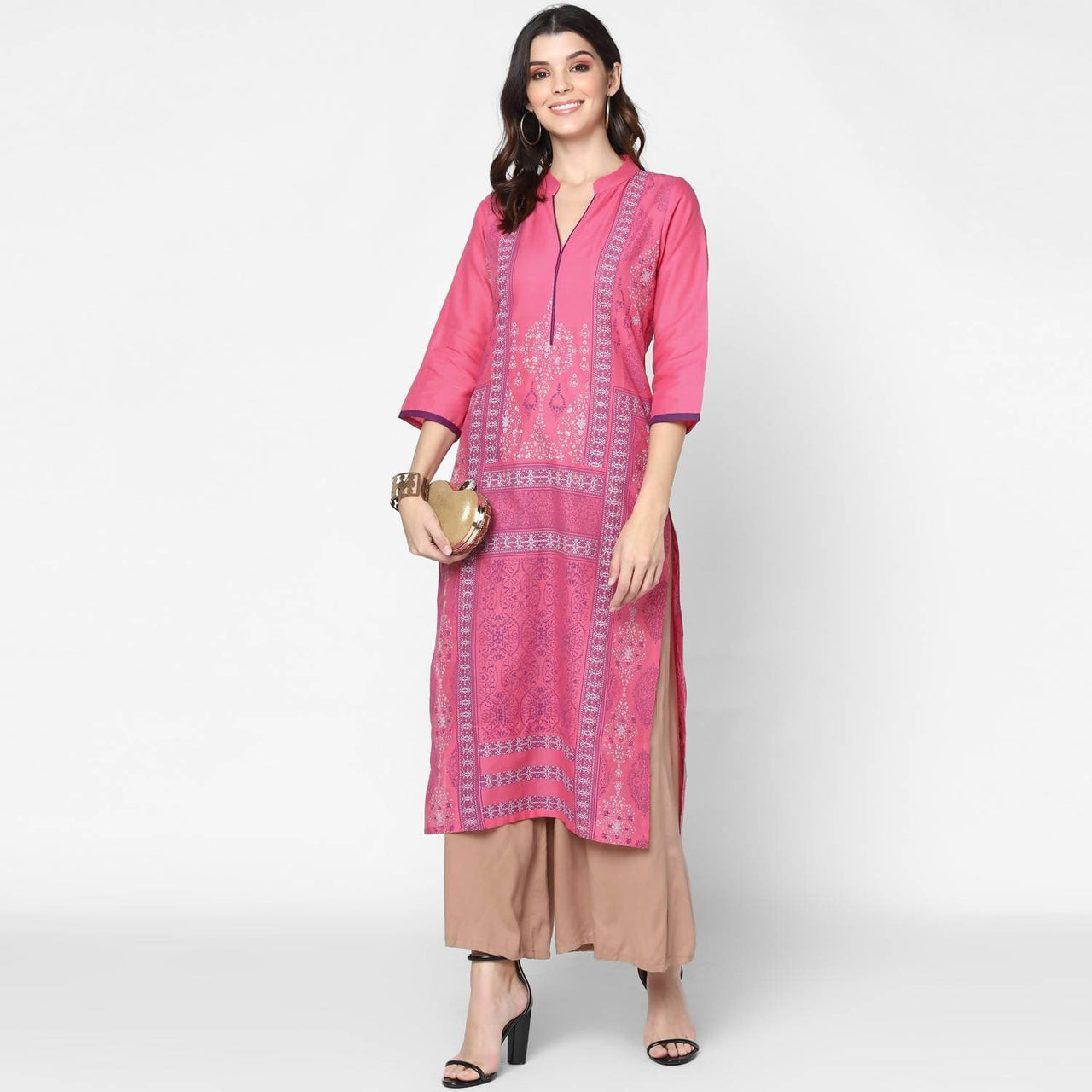 Cheera Hand Block Print Baby Pink Straight Kurta (MAAI-048K)