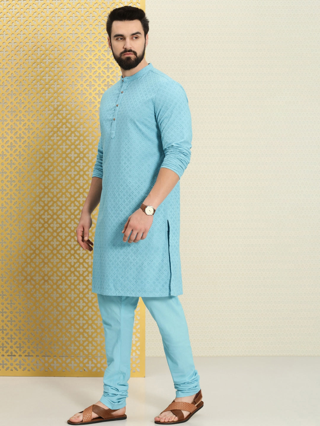 House of Pataudi Men Pure Cotton Schiffli Thread Work Jashn Kurta with Pyjamas - Distacart