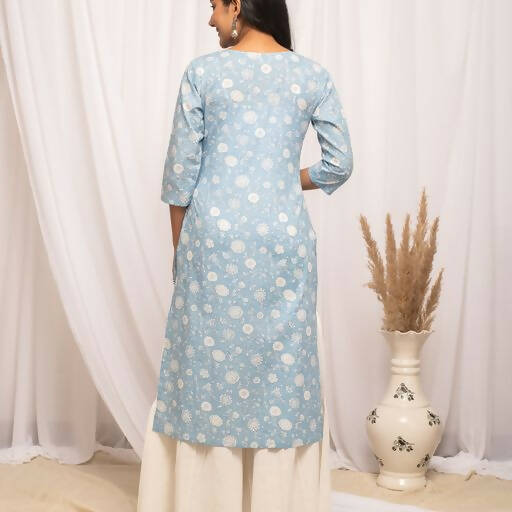 FIORRA Women's Floral Printed Sky Blue Cotton Straight Kurta - Distacart