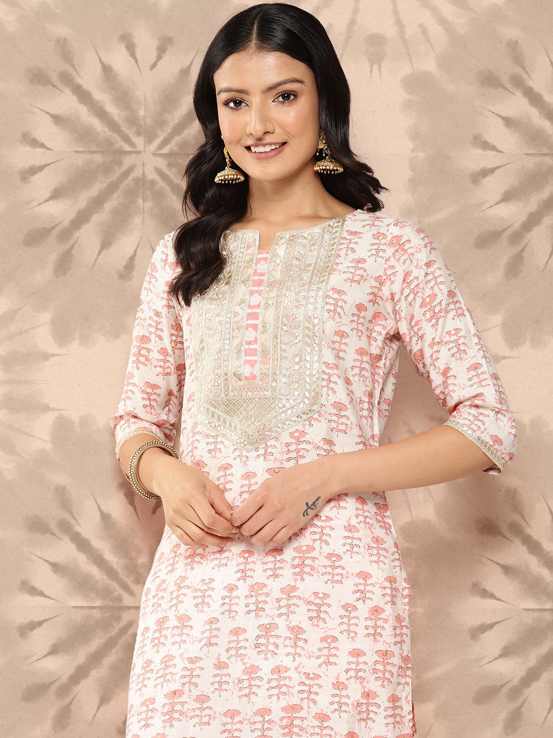 Libas Women Peach Coloured Floral Printed Gotta Patti Pure Silk Kurta