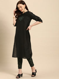 Thumbnail for All About You Women Black & Green Embroidered Kurta with Trousers - Distacart