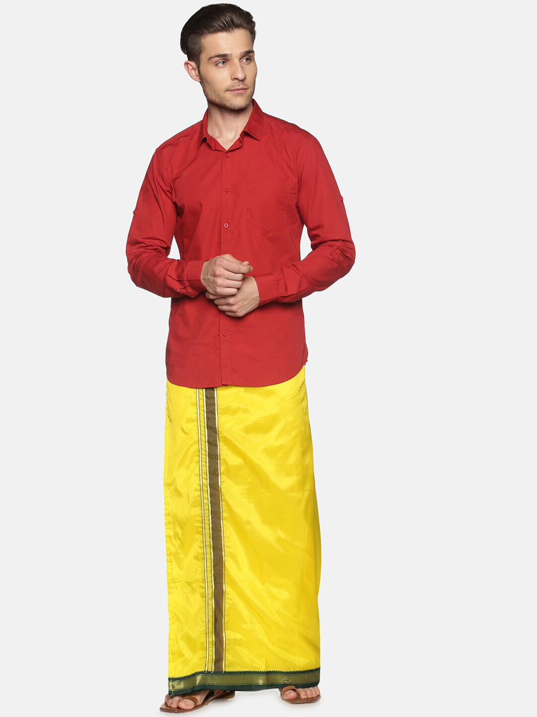 Sethukrishna Men Yellow & Green Solid Readymade Veshti Dhoti - Distacart