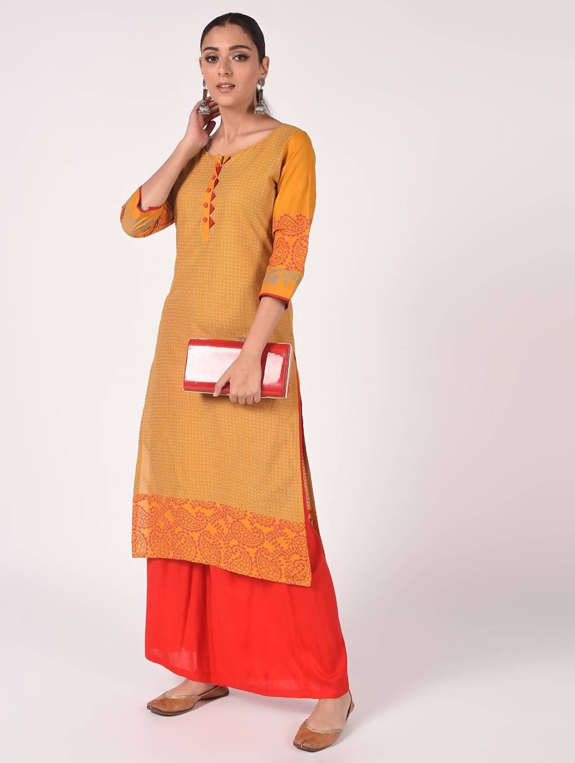 Cheera Hand Block Print straight Kurta with Palazzo In Mustard & Scarlet Red