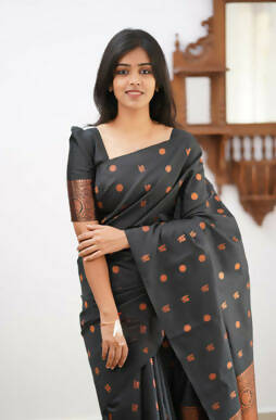 DEIANA'S Beautiful Golden Jari with New Design Soft Lichi Silk Saree - Black - Distacart