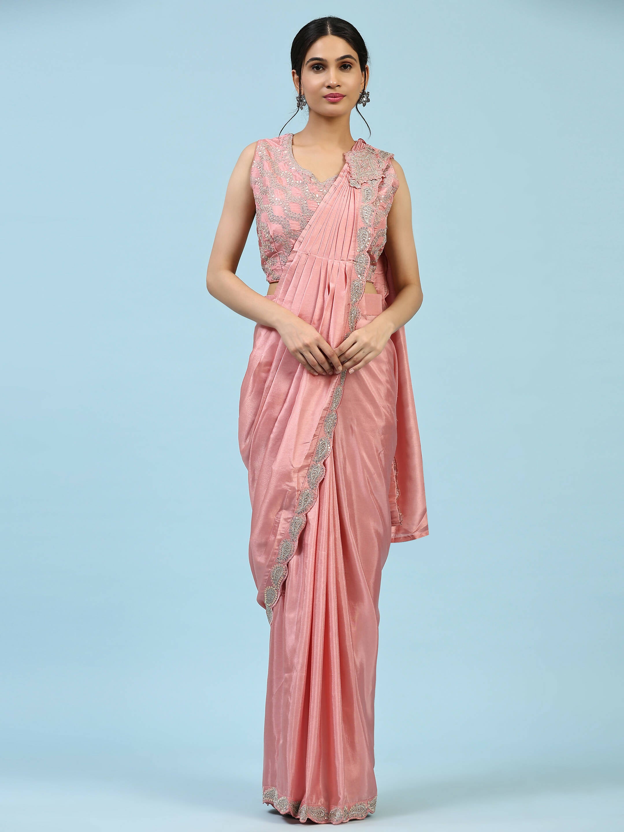 Shop Pastel green embroidered&tasseled blouse with peach saree | Designer  Wear | TheHLabel