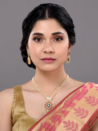 Thumbnail for Saraf RS Jewellery Women Gold-Plated Multi Coloured AD Studded Pearl Mala & Earrings Set - Distacart