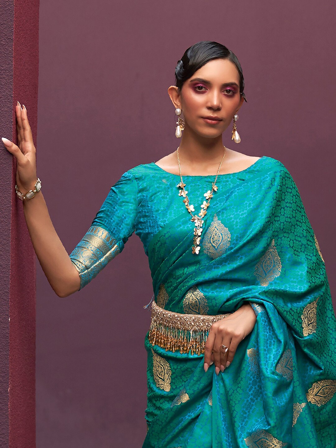 Mitera Teal & Gold-Toned Bagh Pure Silk Banarasi Saree - Distacart