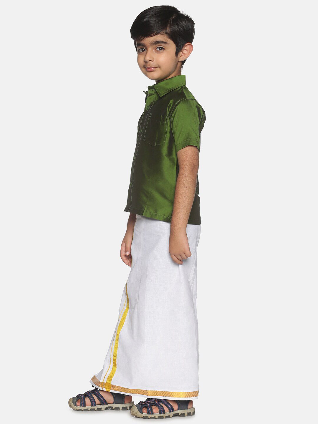 Sethukrishna Boys Olive Green & White Shirt And Veshti Set - Distacart