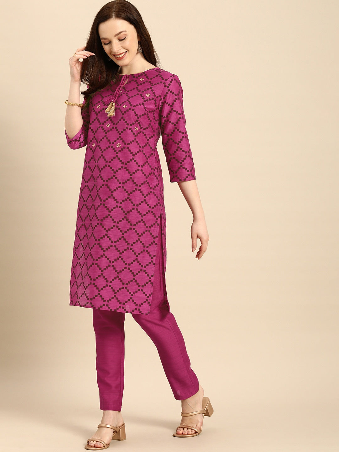 All About You Women Purple & Maroon Printed Kurta with Trousers - Distacart