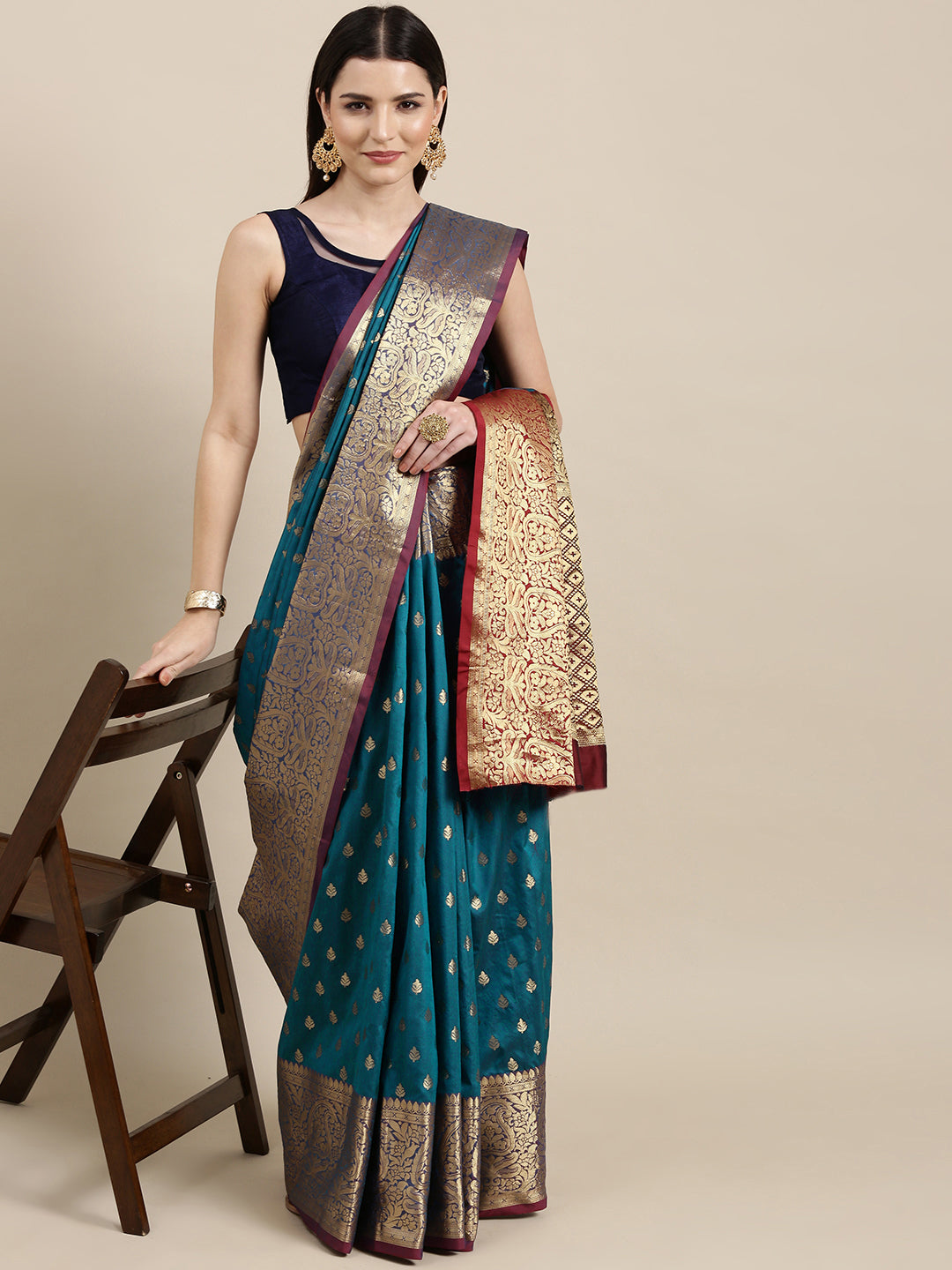 Mitera Teal Blue & Golden Ethnic Motifs Banarasi Saree with Zari Border - Distacart