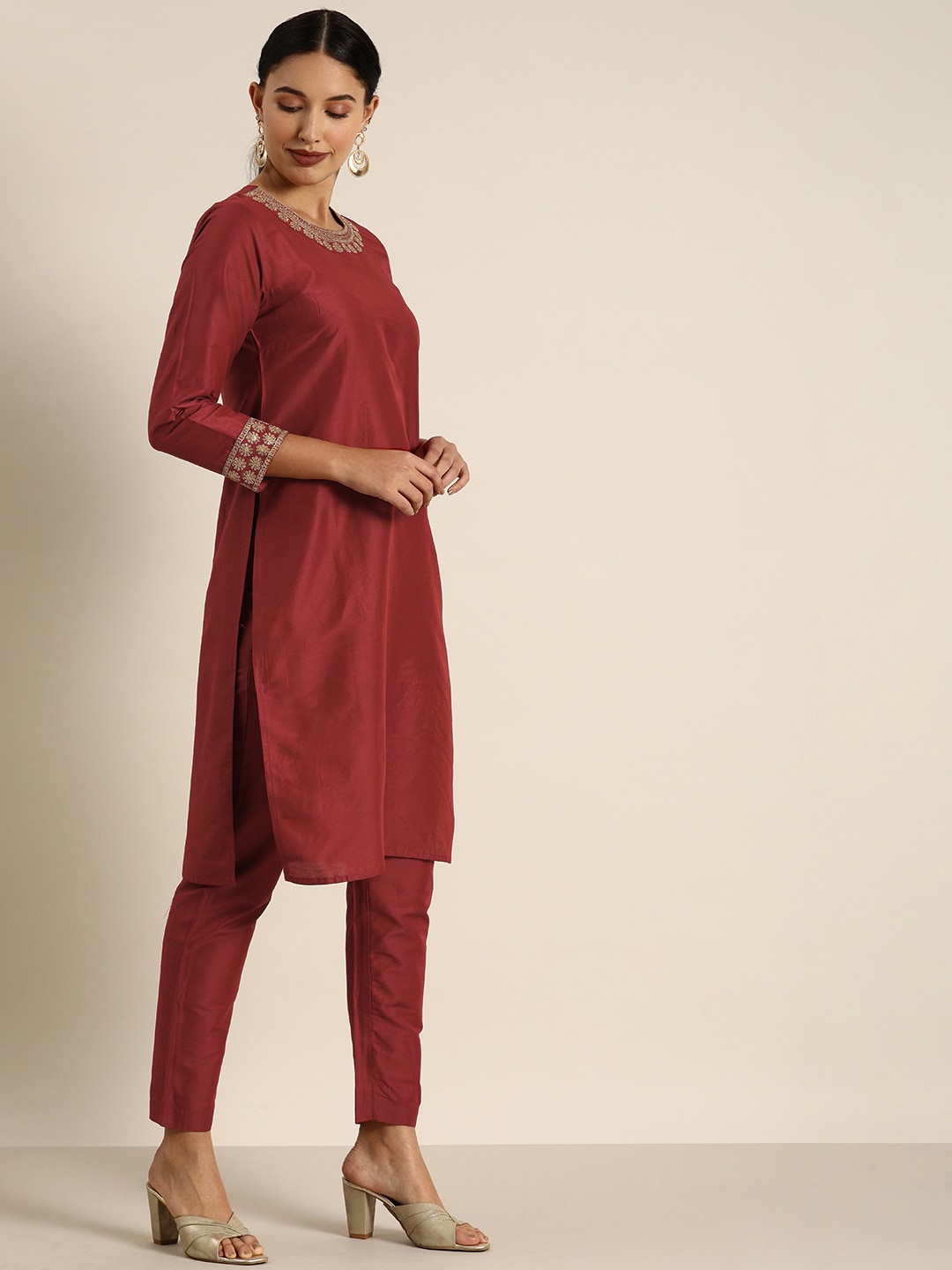 All About You Women Maroon & Golden Satin Finish Kurta with Trousers & With Dupatta - Distacart