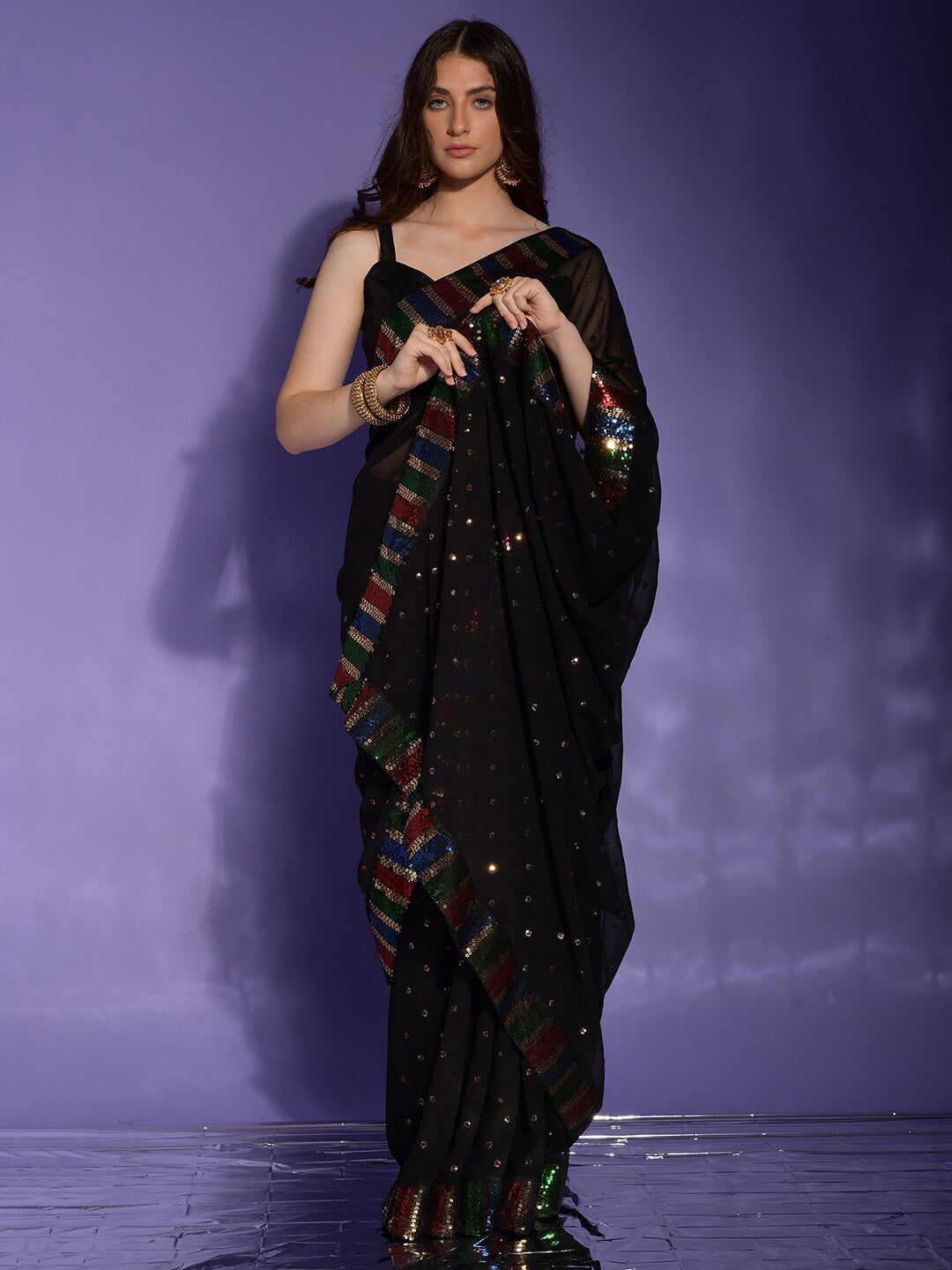 Anouk Black & Red Embellished Sequinned Pure Georgette Saree - Distacart