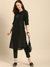 Thumbnail for All About You Women Black & Green Embroidered Kurta with Trousers - Distacart