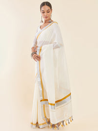 Thumbnail for Soch Off-White & Silver-Toned Zari Pure Cotton Kasavu Saree - Distacart