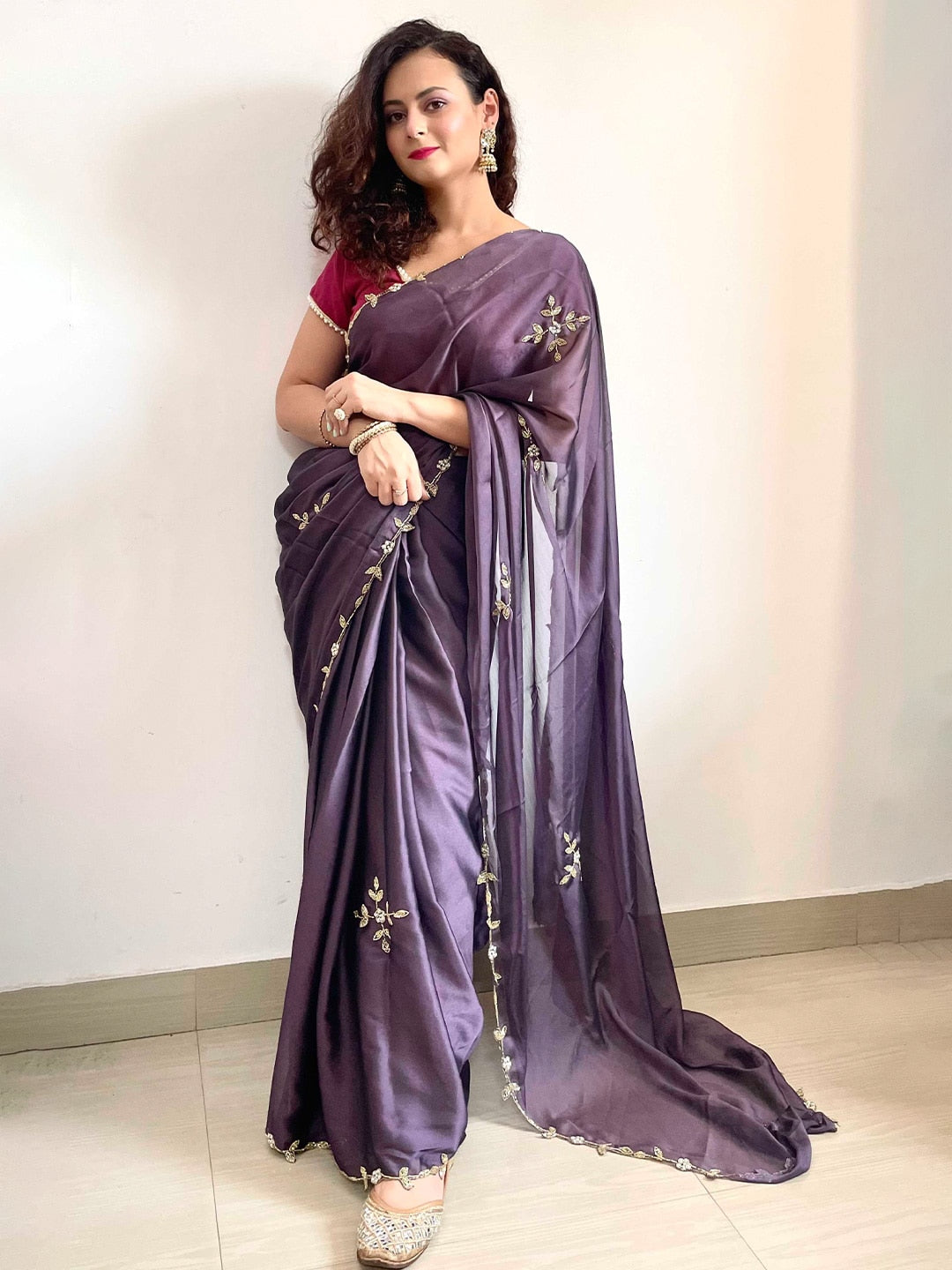 Buy Mitera Lavender Gold Toned Embellished Embroidered Saree Online at Best Price Distacart