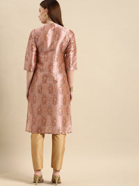 Thumbnail for All About You Women Pink Paisley Print Mandarin Collar Pastels Chanderi Silk Blend Kurta - Distacart