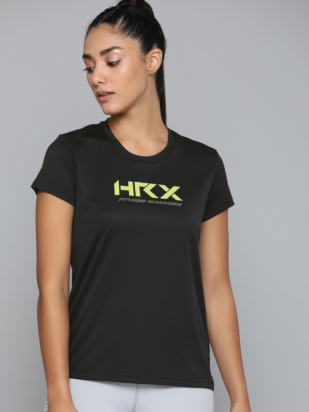 HRX by Hrithik Roshan Training Women JET BLACK Rapid-Dry Brand Carrier  Tshirts