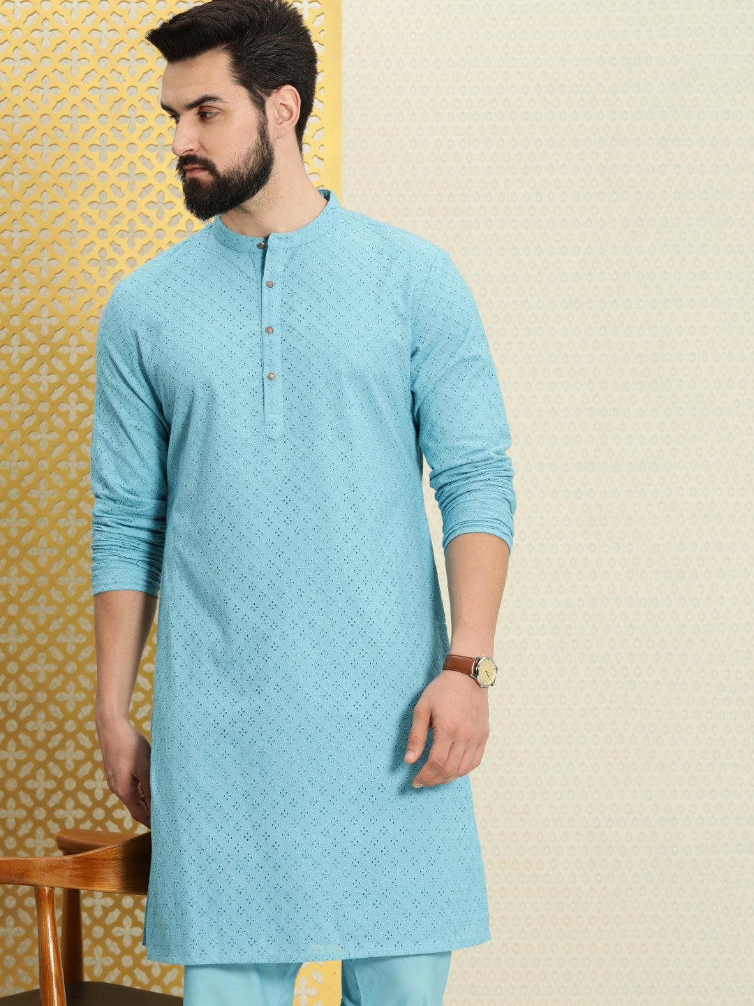 House of Pataudi Men Pure Cotton Schiffli Thread Work Jashn Kurta with Pyjamas - Distacart