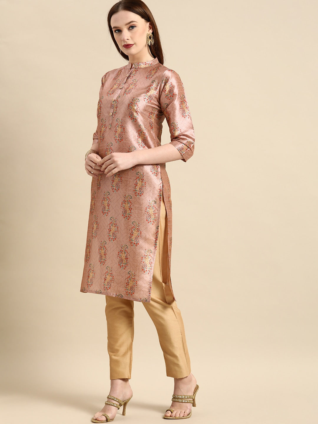 All About You Women Pink Paisley Print Mandarin Collar Pastels Chanderi Silk Blend Kurta - Distacart