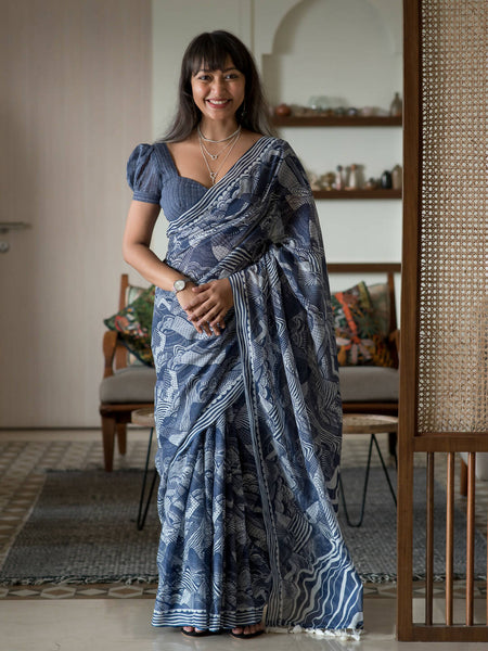 Suta Blue Abstract Pure Cotton Saree - Distacart