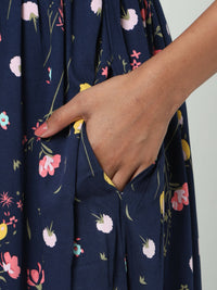 Thumbnail for Manet Three Fourth Maternity Dress Floral Print With Concealed Zipper Nursing Access - Navy Blue - Distacart