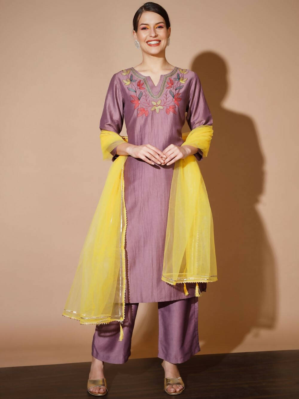 Myshka Mauve Solid Kurta & Palazzos With Dupatta - Distacart