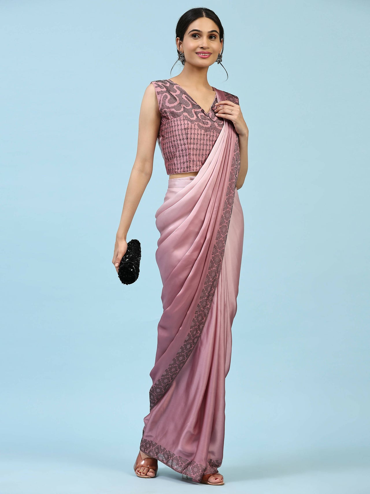 Purple Ombre Satin Georgette Plain Ready to wear Saree with stitched Blouse - Vrinda - Distacart