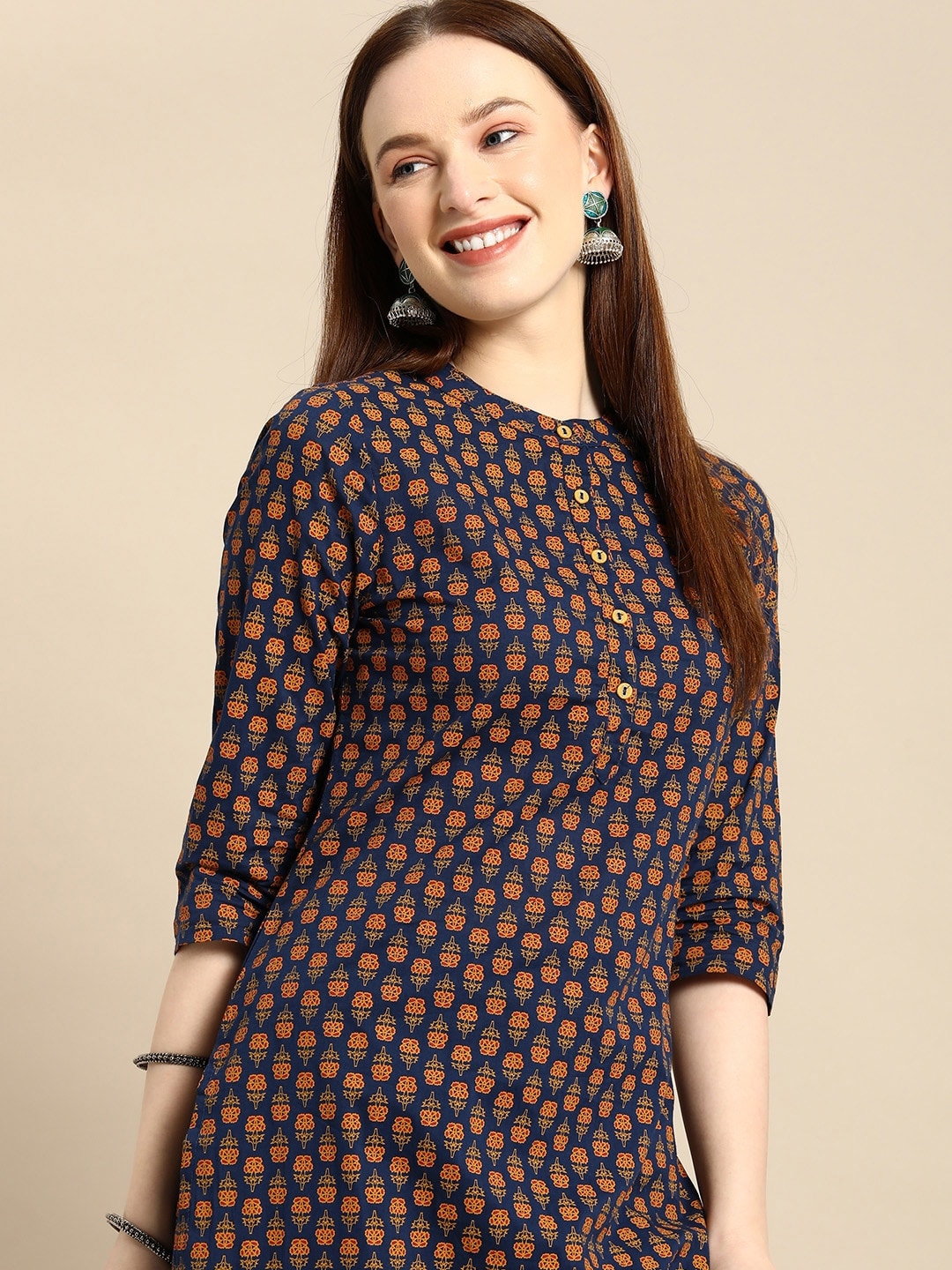 All About You Women Navy Blue & Gold-Toned Ethnic Motifs Printed Regular Kurta - Distacart