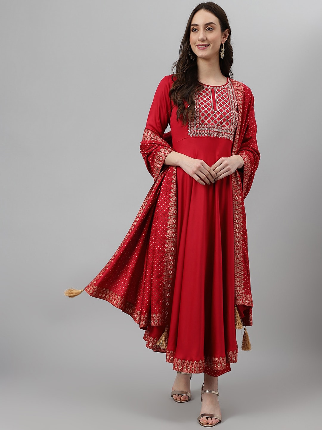 Khushal K Empire Style Ethnic Motifs Embroidered Zari A-Line Kurta with Palazzos & Dupatta - Distacart