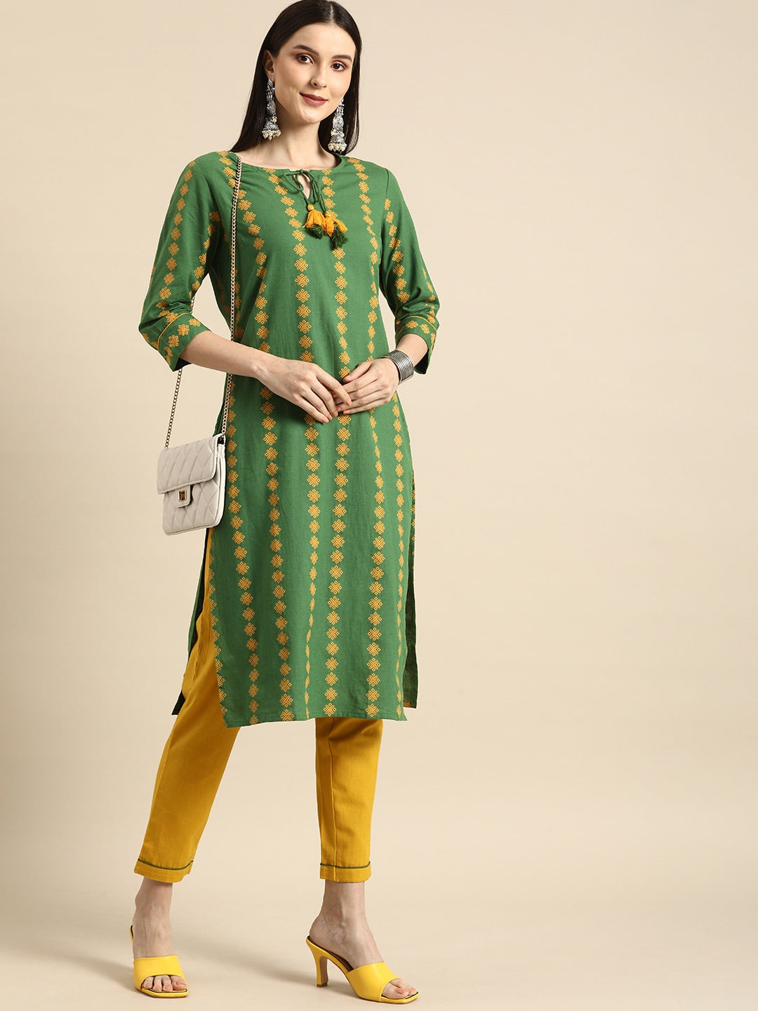 All About You Women Green Ethnic Motifs Printed Kurta with Mustard Yellow Trousers - Distacart