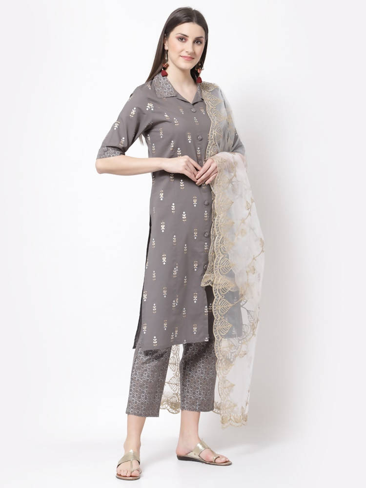 Myshka Grey Color cotton Printed Kurta With Palazzo Dupatta Set