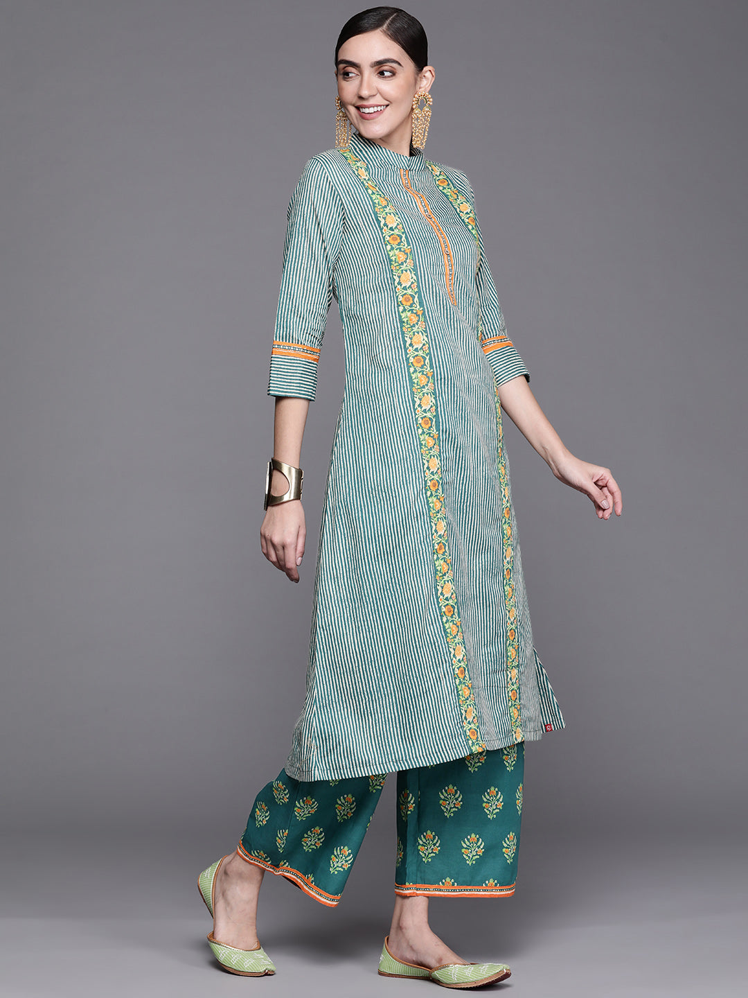 Biba Women Teal Green & Off-White Printed Pure Cotton Kurta with Palazzos - Distacart