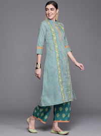 Thumbnail for Biba Women Teal Green & Off-White Printed Pure Cotton Kurta with Palazzos - Distacart