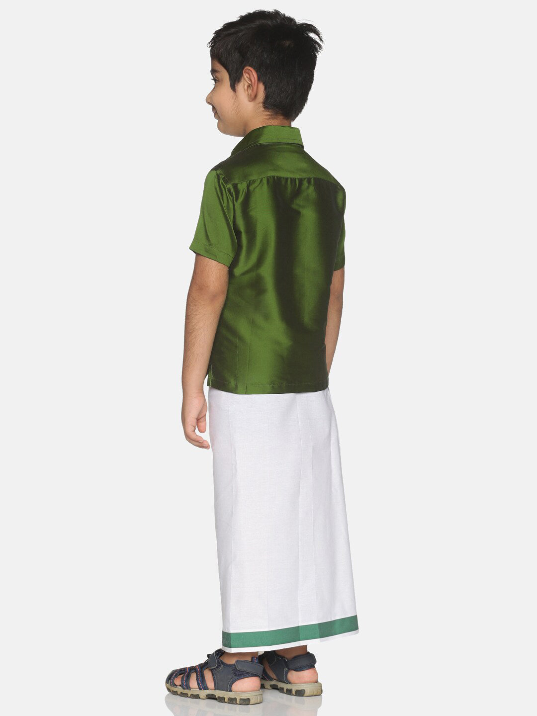 Sethukrishna Boys Olive Green & White Solid Shirt and Veshti Set - Distacart