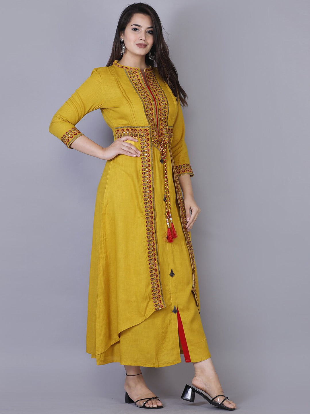 Kalini Women Yellow Ethnic Motifs Embroidered & Mirror Work Layered Regular Fit Kurta - Distacart