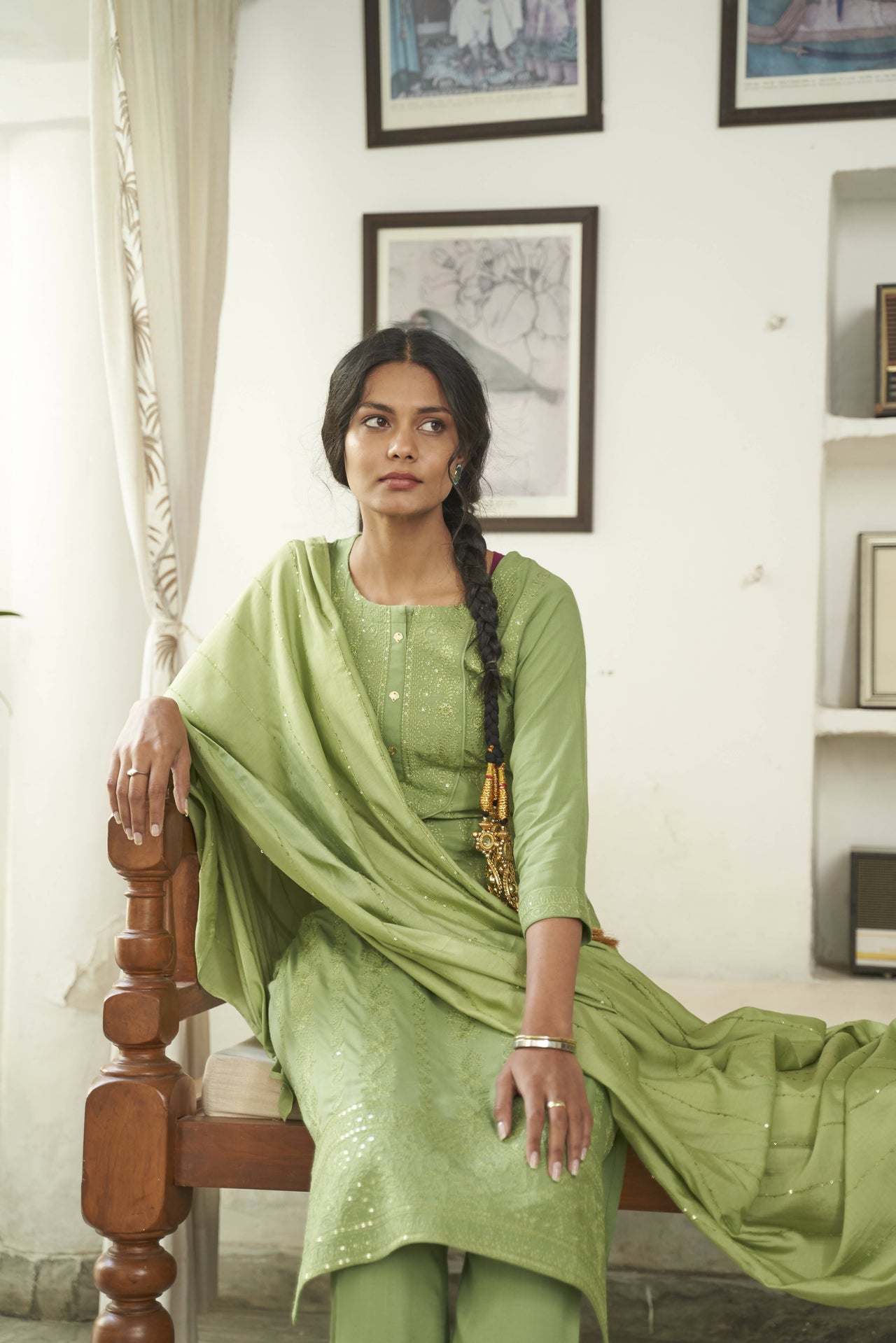 Green Rayon Sequence Embroidery work Straight kurta with Pant & Dupatta - Akashara - Distacart