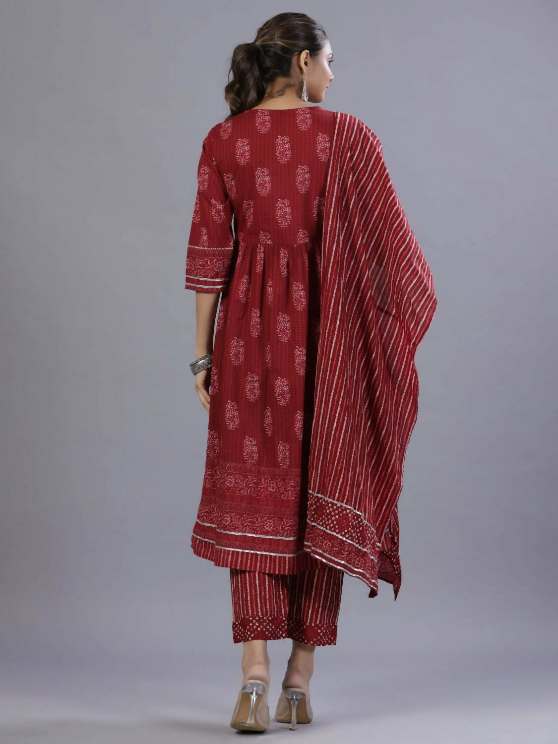 Juniper Women Maroon Cotton Cambric Batik texture Printed Kurta, Pants and Dupatta Set - Distacart