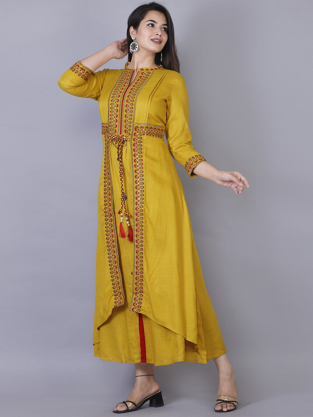 Kalini Women Yellow Ethnic Motifs Embroidered & Mirror Work Layered Regular Fit Kurta - Distacart